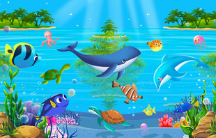 卡通鲸鱼海洋海底世界背景墙