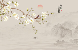 新中式玉兰工笔花鸟背景墙装饰画