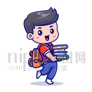 可爱卡通人物爱学习的小男孩