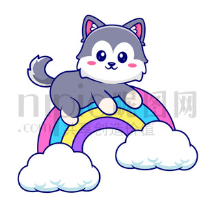 可爱卡通趴在彩虹上的大灰狼