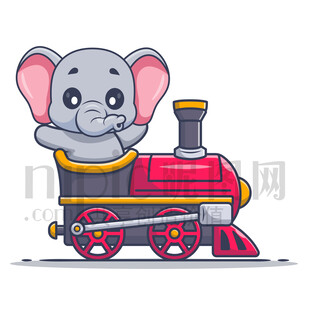 可爱卡通坐火车的大象