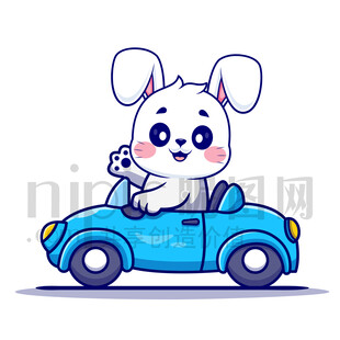 可爱卡通开小汽车的小白兔