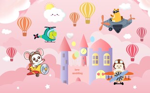 手绘卡通动物飞机壁画图片