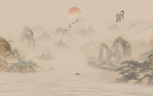 屏风中式古风水墨山水画背景墙