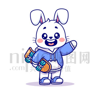 可爱卡通玩滑板的小白兔