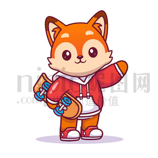 可爱卡通玩滑板的狐狸