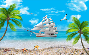 蓝天白云大海沙滩背景墙