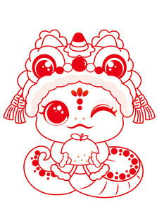 快乐蛇舞狮子线稿手绘 