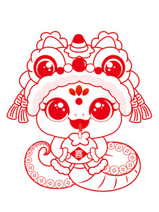 快乐蛇舞狮子线稿手绘