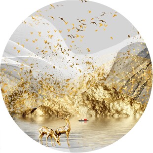 圆形抽象麋鹿山水画