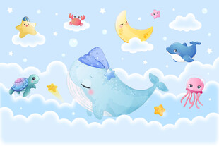 卡通云朵鲸鱼可爱海洋动物背景墙