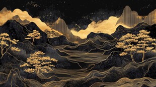 日本画　山水画　金箔背景 金箔山水画素材-金箔山水画图片-金箔山水画设计模板-昵图网