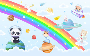 卡通彩虹可爱太空动物星球背景墙