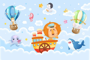 卡通帆船可爱动物气球海洋背景墙