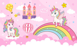 卡通城堡可爱独角兽彩虹气球背景