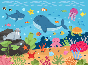 手绘鲸鱼卡通海底鲨鱼珊瑚背景墙