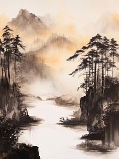 日本画　山水画　金箔背景 日本画 山水画 金箔背景 絵画