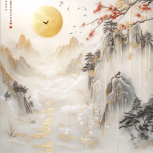 新中式金色山水画金箔背景墙素材-新中式金色山水画金箔背景墙
