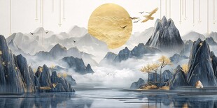 日本画 山水画 金箔背景 新中式金色山水画金箔背景墙素材-新中式金色山水画金箔背景墙