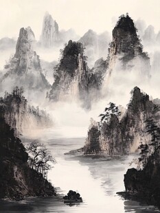 日本画　山水画　金箔背景 新中式金色山水画金箔背景墙素材-新中式金色山水画金箔背景墙