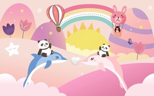 卡通梦幻双鲸鱼儿童房背景墙