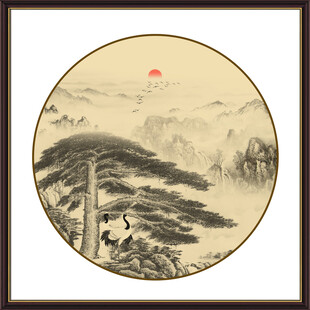 圆形国画迎客松