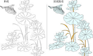 荷花与鸟 矢量图