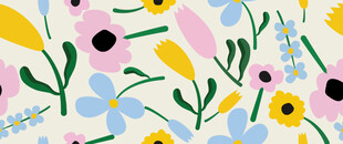 米白底色上多彩花朵与绿叶交织的