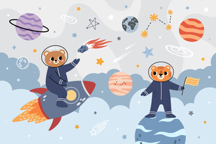 可爱动物宇航员卡通太空星球背景