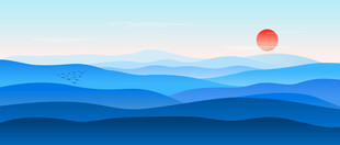 意境山水画青蓝群山夕阳飞鸟矢量