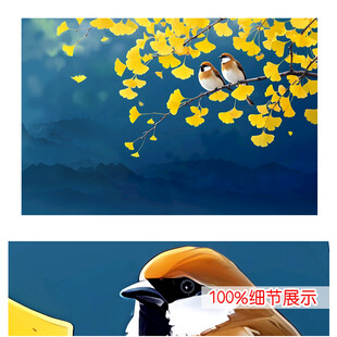 一生幸福银杏叶手绘花鸟背景墙