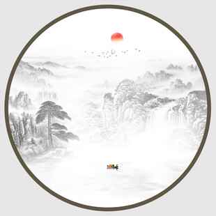圆形水墨山水画