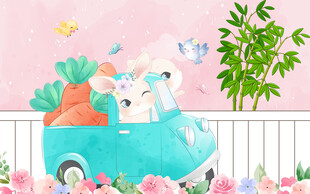 卡通可爱兔子开车背景墙