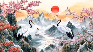 旭日仙鶴圖 旭日双鶴図 – 古美術 太湖