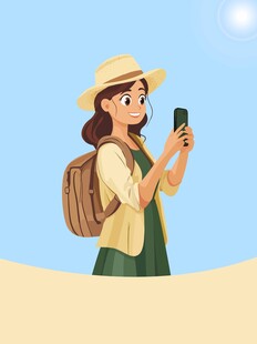 手绘拿手机自拍的女孩卡通手绘