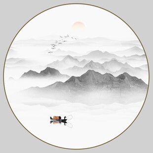 圆形水墨山水画