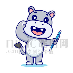 可爱卡通拿着笔敬礼的河马