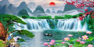 瀑布山水画