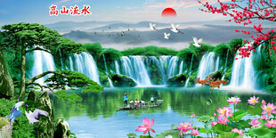 迎客松瀑布山水画壁画