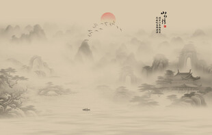 中国风水墨意境山水风景背景屏风