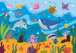 海洋世界卡通鲸鱼海底珊瑚背景墙