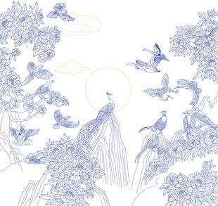 手绘中式花鸟线描艺术图景