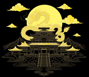 月夜下的中式古建筑景观