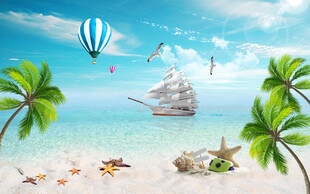 蓝天白云沙滩大海背景墙