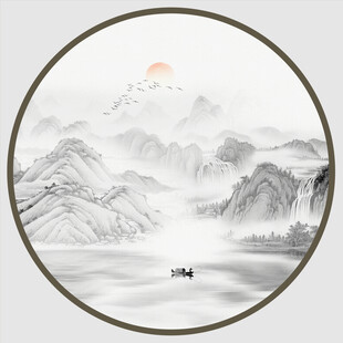 圆形山水水墨画