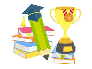 奖杯博士帽书籍铅笔文具学习工具