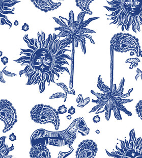 蓝白海洋植物动物图案