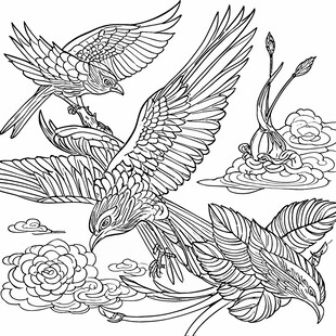 燕子祥云黑白线稿图案