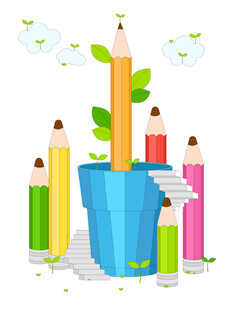 卡通学习工具彩色铅笔笔筒插画