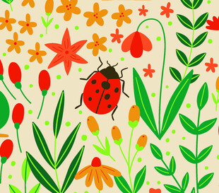 瓢虫漫步于缤纷花草间